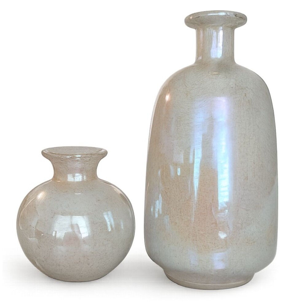 Pair of Ivory Pearl Finish Blown Glass Vases by HD Designs